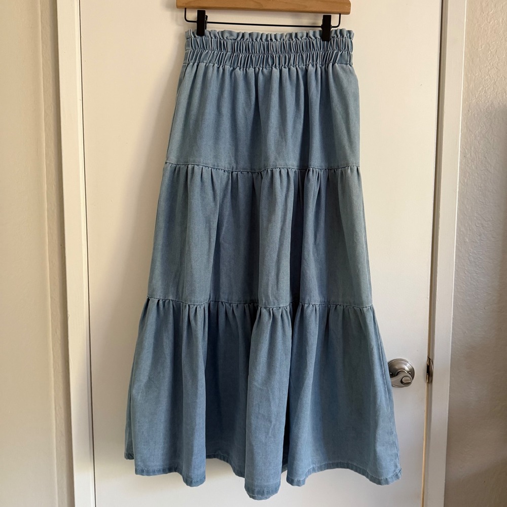 Light Wash Denim Tiered Maxi Skirt Smocked Boho Granolagirl Coastal Cowgirl